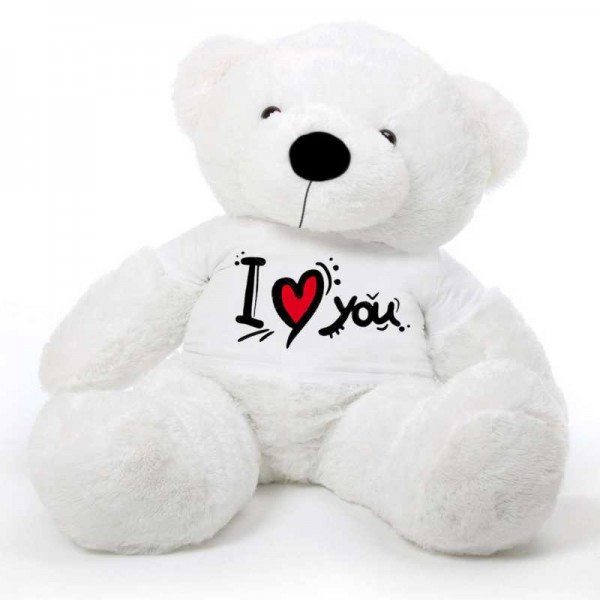 White 5 feet Big Teddy Bear wearing a I Love You T-shirt